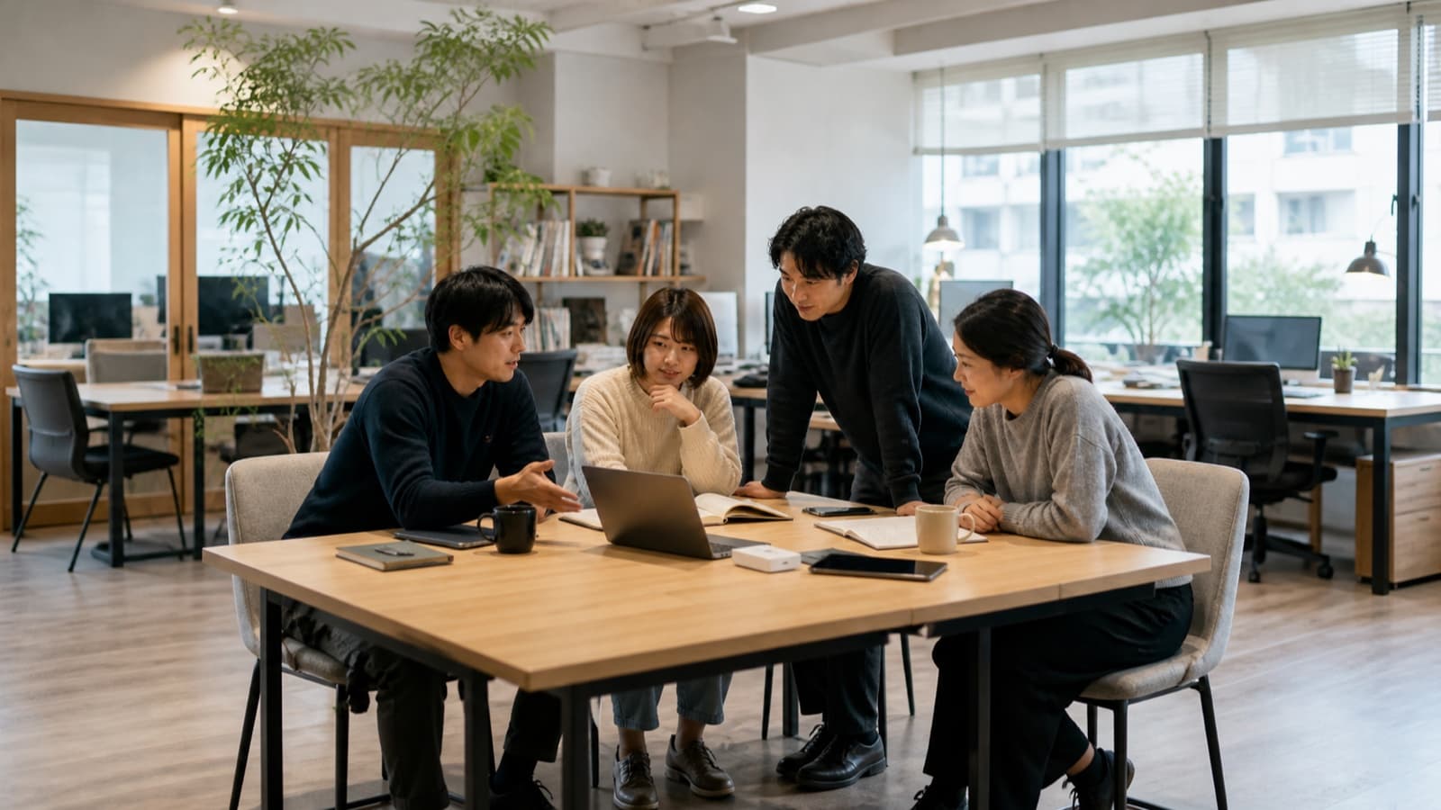 スタートアップのオフィスでプロダクトを議論するチーム