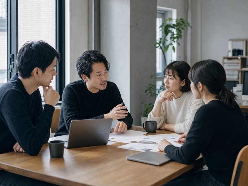 経営者とメンバーがテーブルを囲んで事業について話す様子